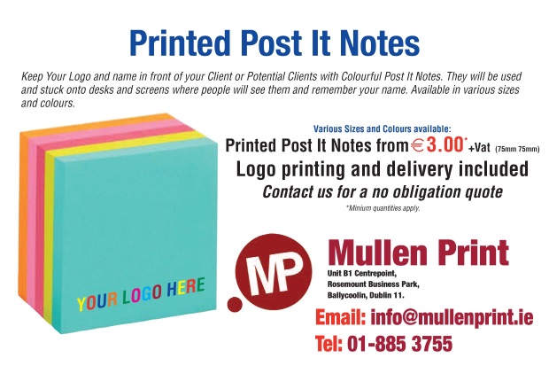 Printed Post It Notes. Keep your Logo and name in front of your Client or Potential Clients with colourful Post It Notes. They will be used and stuck onto desks and screens where people will see them and remember your name. Available in various sizes and colours.