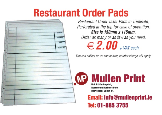 Restaurant Order Pads. Restuarant Order Taker Pads in Triplicate. Perforated at the top for ease of operation. Size is 150mm x 115mm.